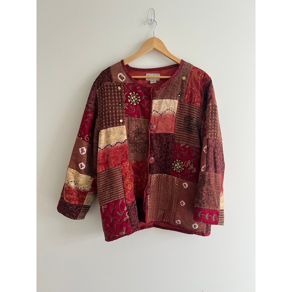 Vintage 90s Flashback Patchwork Quilted Jacket Red Boho Embroidered Beaded